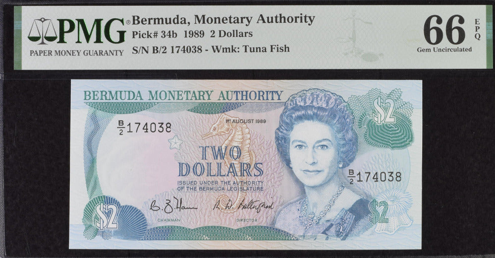 Bermuda 2 Dollars 1989 P 34 b Gem UNC PMG 66 EPQ