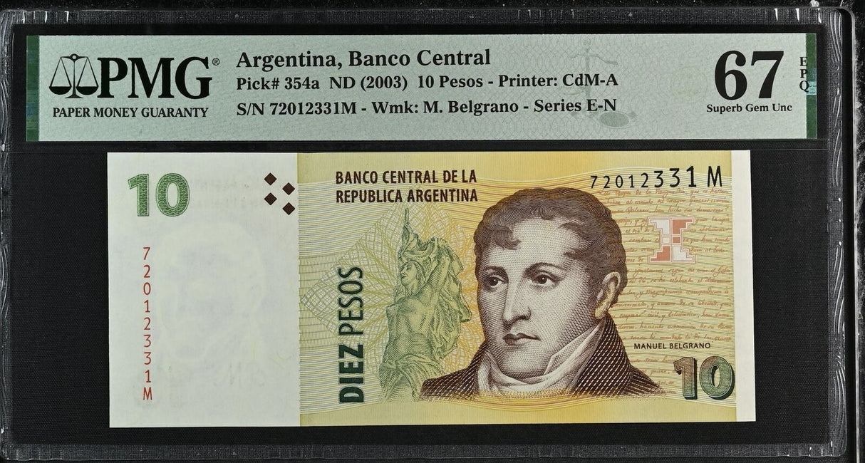 Argentina 10 Pesos ND 2003 P 354 a Superb Gem UNC PMG 67 EPQ