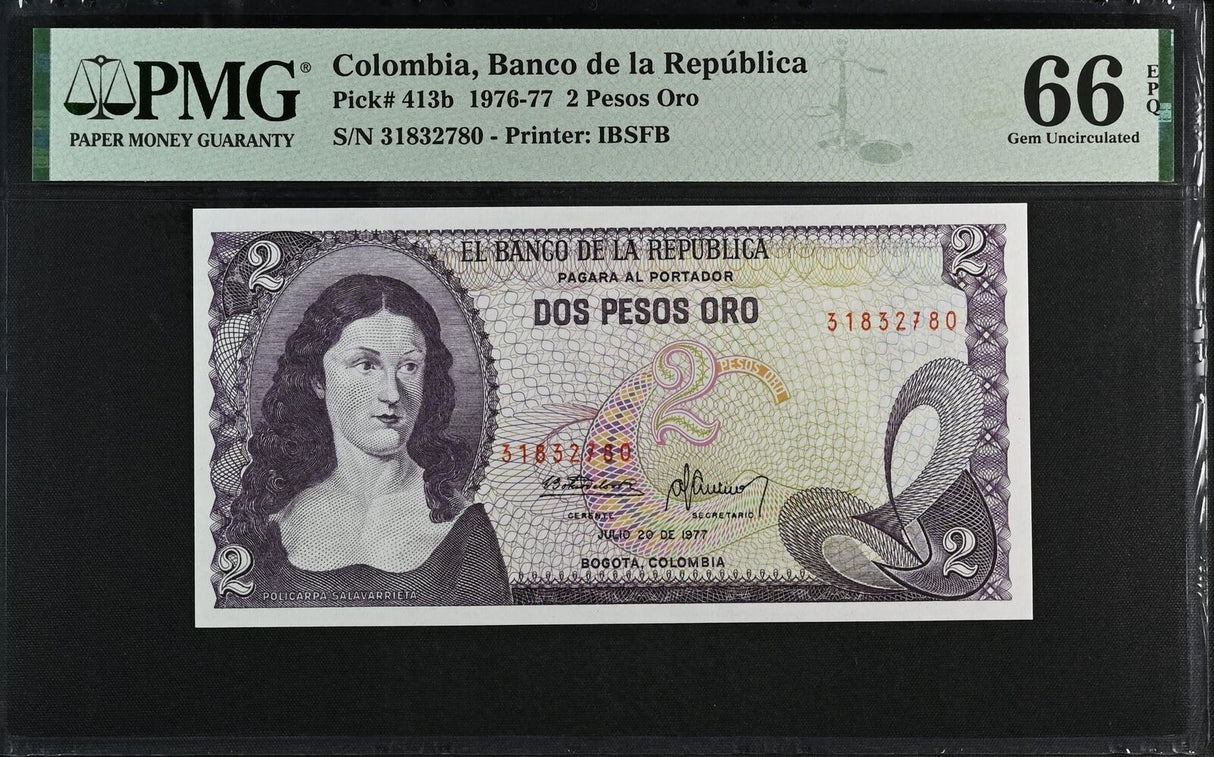 Colombia 2 Pesos 1977 P 413 b GEM UNC PMG 66 EPQ