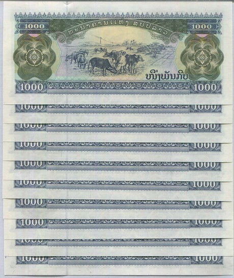 Laos 1000 Kip 2003 P 32 UNC LOT 10 PCS 1/10 BUNDLE
