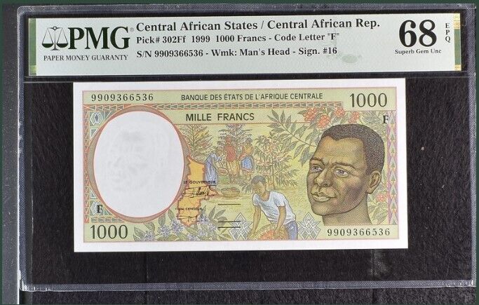 CAS Central African Public 1000 Francs 1999 P 302Ff Superb Gem UNC PMG 68 EPQ