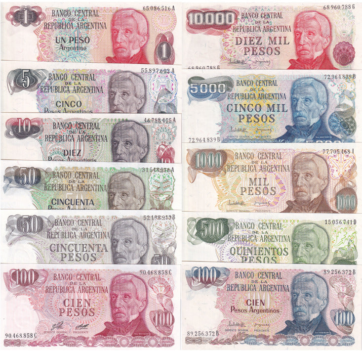 Argentina Set 11 Pcs 1 5 10 50 100-100000 Pesos ND 1976-1985 P 301-315 UNC