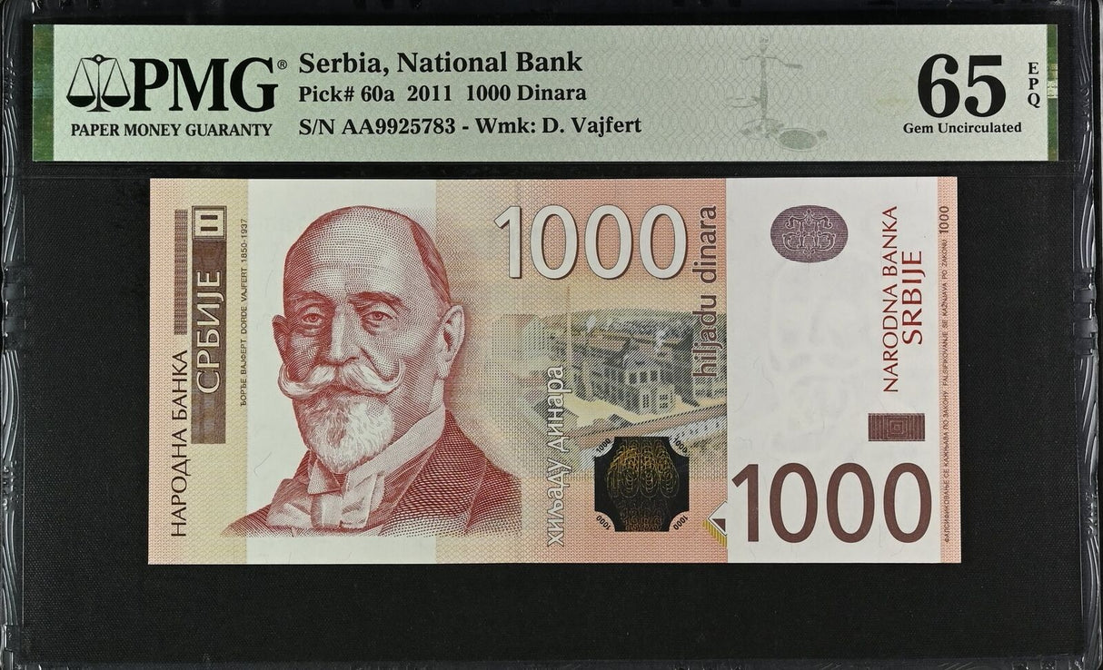Serbia 1000 Dinara 2011 P 60 a Gem UNC PMG 65 EPQ