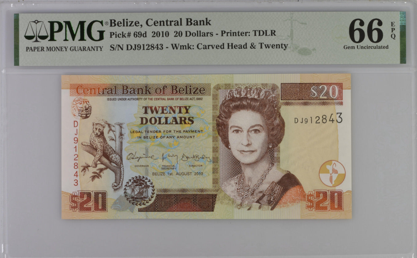 Belize 20 Dollars 2010 P 69 d Gem UNC PMG 66 EPQ – Noteshobby