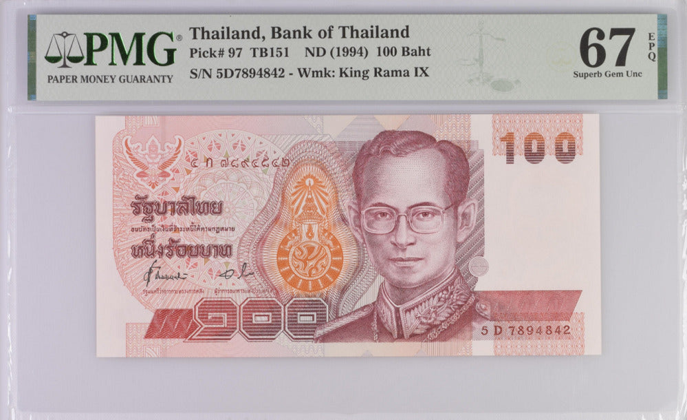 Thailand 100 Baht ND 1994 P 97 SIGN 72 Superb GEM UNC PMG 67 EPQ