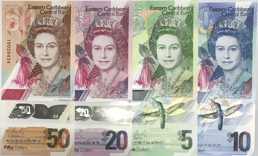East Caribbean Set 4 Pcs 5 10 20 50 Dollars 2019-2021 P 56 57 58 59 Polymer UNC