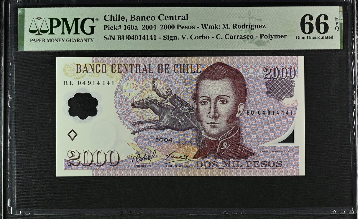 Chile 2000 Pesos 2004 P 160 a Gem UNC PMG 66 EPQ