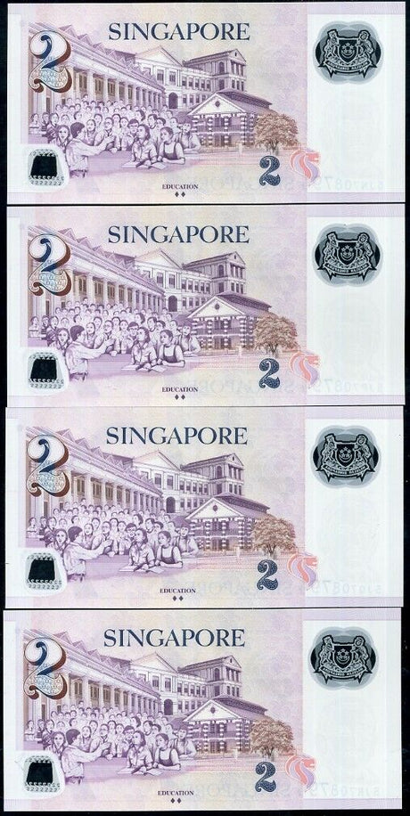 SINGAPORE SET 4 UNC 2 DOLLARS 2014-2015 NEW POLYMER W/2 DIAMONDS MATCHING NUMBER