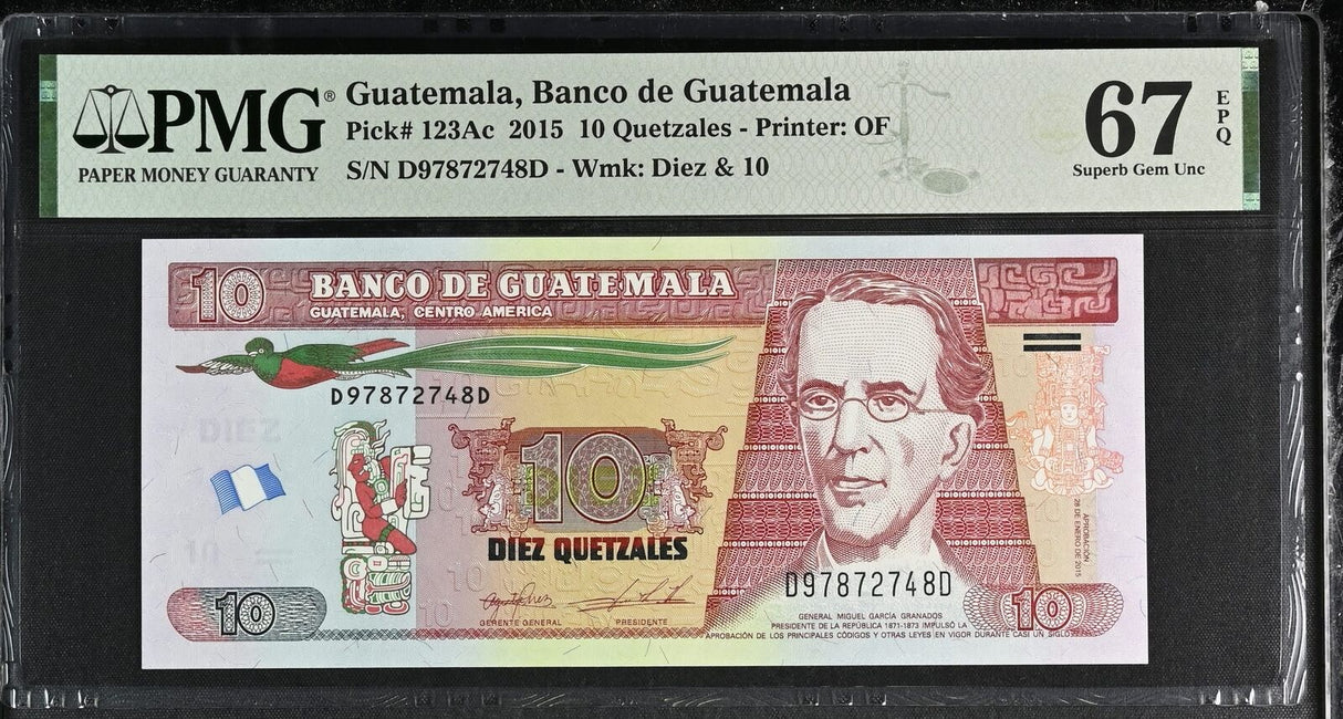 Guatemala 10 Quetzales 2015 P 123Ac Superb Gem UNC PMG 67 EPQ