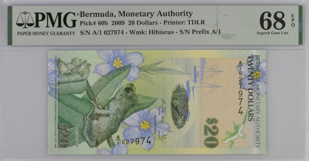 Bermuda 20 Dollars 2009 P 60 b A/1 PREFIX Superb GEM UNC PMG 68 EPQ Top Pop