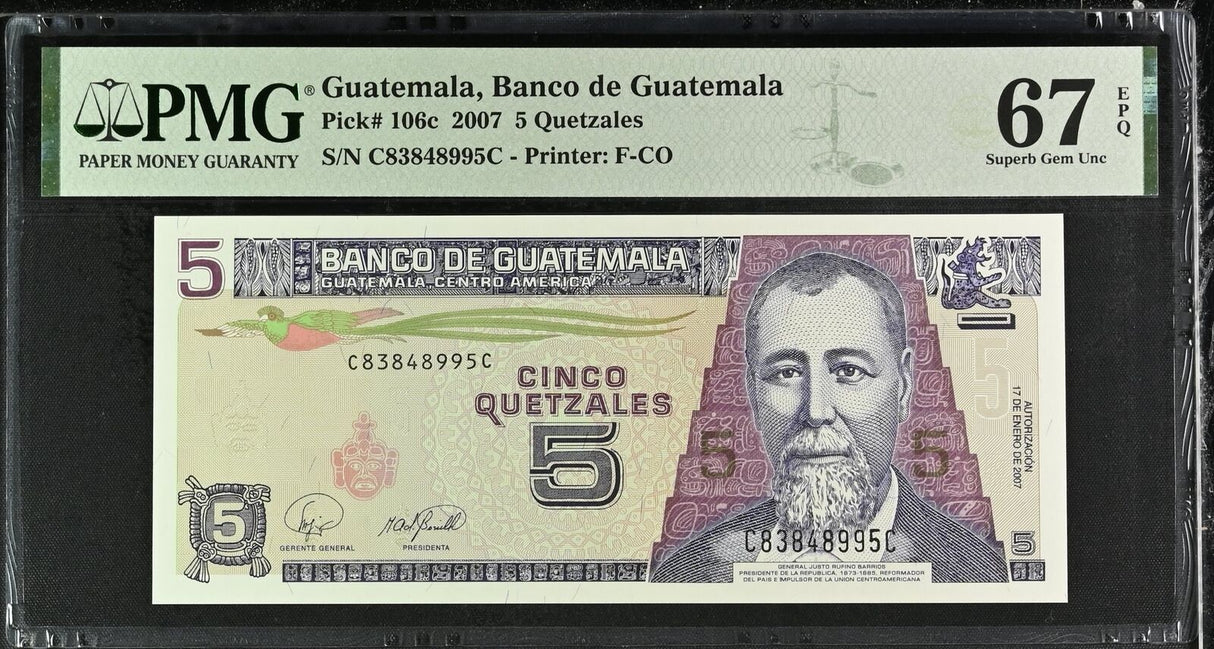 Guatemala 5 Quetzales 2007 P 106 c Superb Gem UNC PMG 67 EPQ
