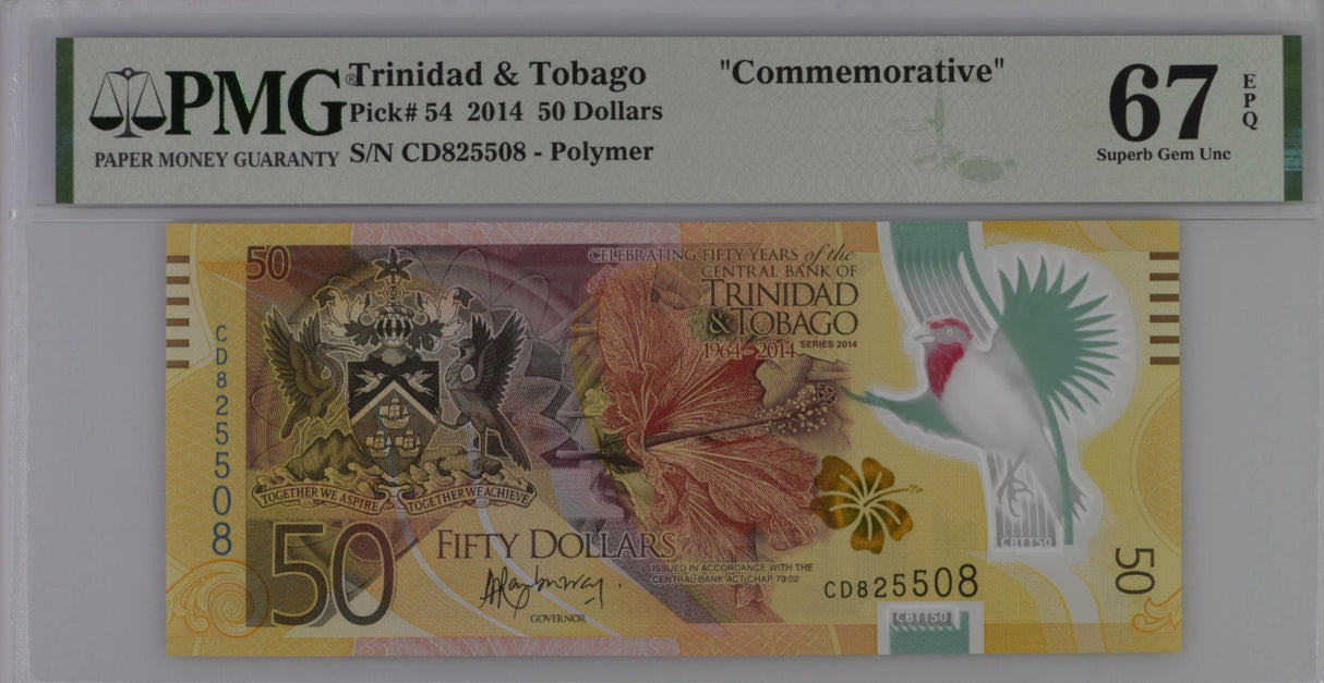 Trinidad & Tobago 50 Dollars 2014 P 54 Polymer Superb Gem UNC PMG 67 EPQ