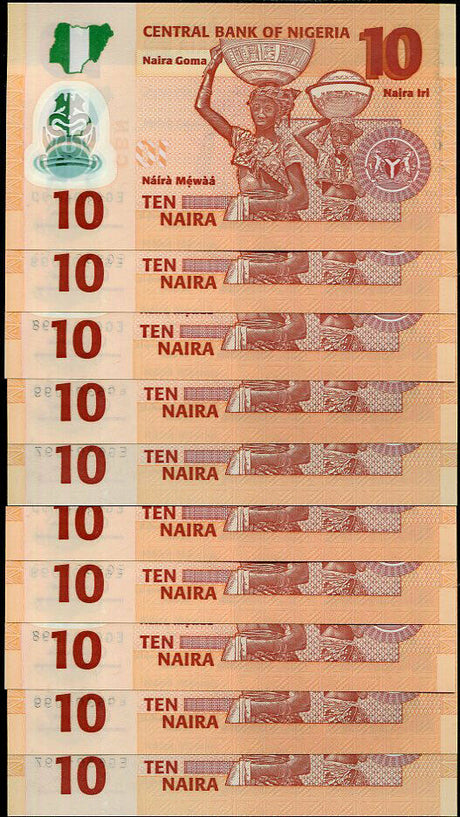 NIGERIA 10 NAIRA 2017 P 39 POLYMER UNC LOT 10 PCS