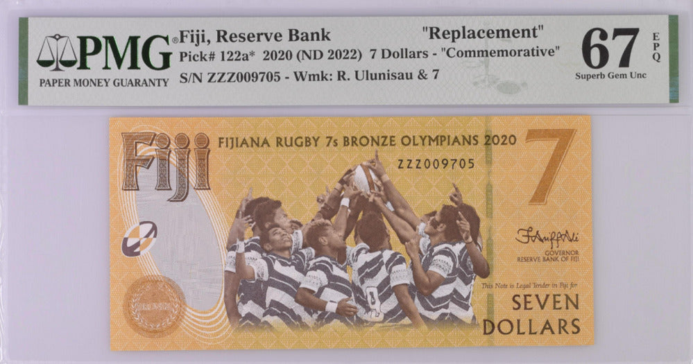 Fiji 7 Dollars 2020 / 2022 Comm. P 122 a* Replacement Superb Gem UNC PMG 67 EPQ