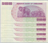 Zimbabwe 50 Million Dollar 2008 P 57 UNC LOT 5 PCS