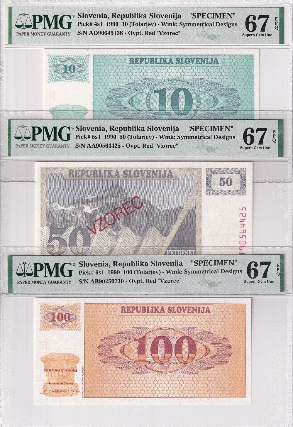 Slovenia Set 3; 10 50 100 Tolarjev 1990 P 4- 6 SPECIMEN SuperbGem UNC PMG 67 EPQ