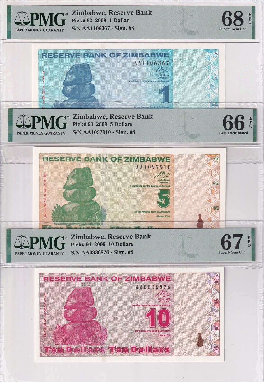 Zimbabwe Set 6; 1 5 10-100 500 D. 2009 P 92-P 95 97 98 Superb Gem UNC PMG 67 EPQ