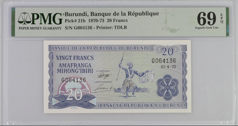Burundi 20 Francs 1970-1973 P 21 b Superb Gem UNC PMG 69 EPQ Top Pop