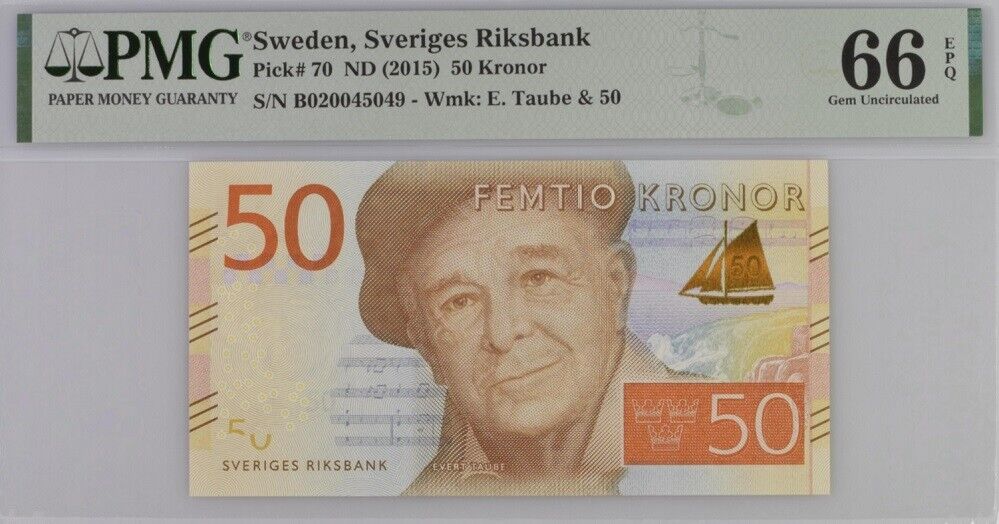 Sweden  50 Kronor ND 2015 P 70 Gem UNC PMG 66 EPQ