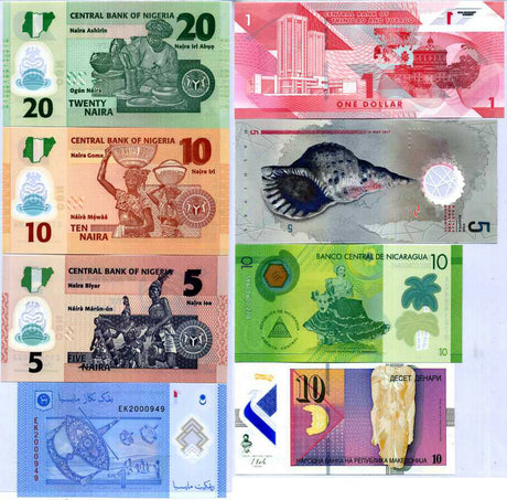 World Polymer Banknotes Set 8 Pcs Lot Different Notes From 6 Countries All UNC