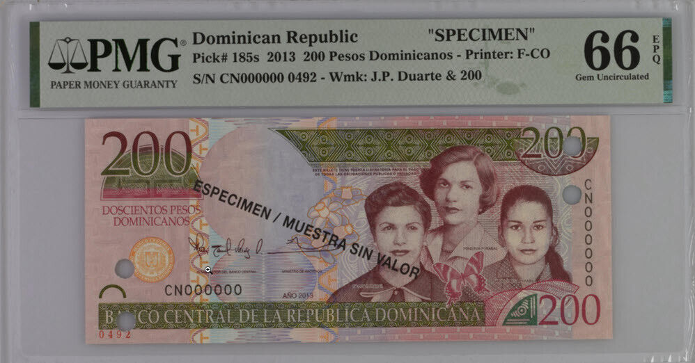 Dominican Republic 200 Pesos 2013 P 185 Specimen Gem UNC PMG 66 EPQ Top Pop