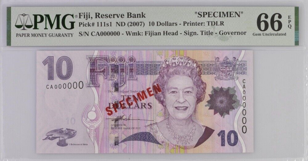 Fiji 10 Dollars ND 2007 P 111s1 SPECIMEN Gem UNC PMG 66 EPQ