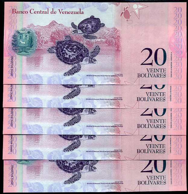 Venezuela 20 Bolivares 2014 P 91g UNC Lot 5 Pcs