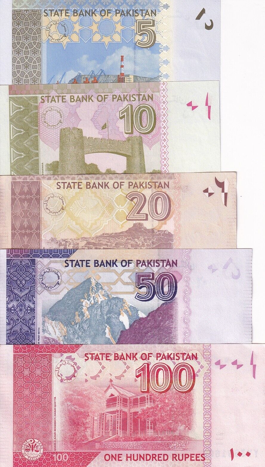 Pakistan Set 5 Pcs 5 10 20 50 100 Rupees RANDOM DATE P 45 46 47 48 P 53 UNC