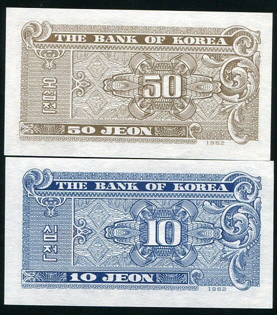 SOUTH KOREA SET 2 PCS 10 50 JEON 1962 P 28 29 UNC