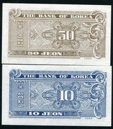 SOUTH KOREA SET 2 PCS 10 50 JEON 1962 P 28 29 UNC