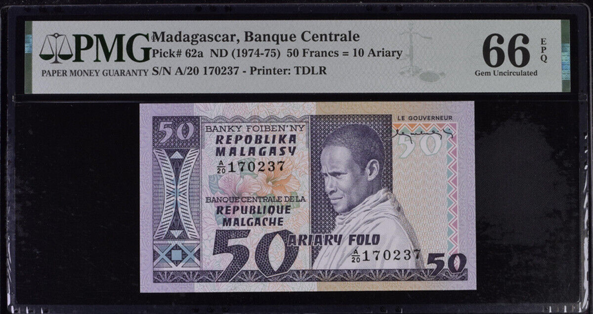 Madagascar 50 Francs =10 Ariary 1974/1975 P 62 a GEM UNC PMG 66 EPQ