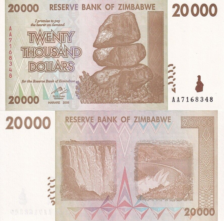 Zimbabwe 20000 Dollars 2008 P 73a Prefix AA UNC