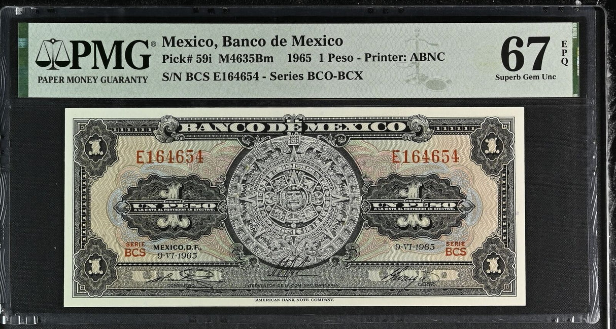 MEXICO 1 PESO 1965 P 59 i Superb Gem UNC PMG 67 EPQ