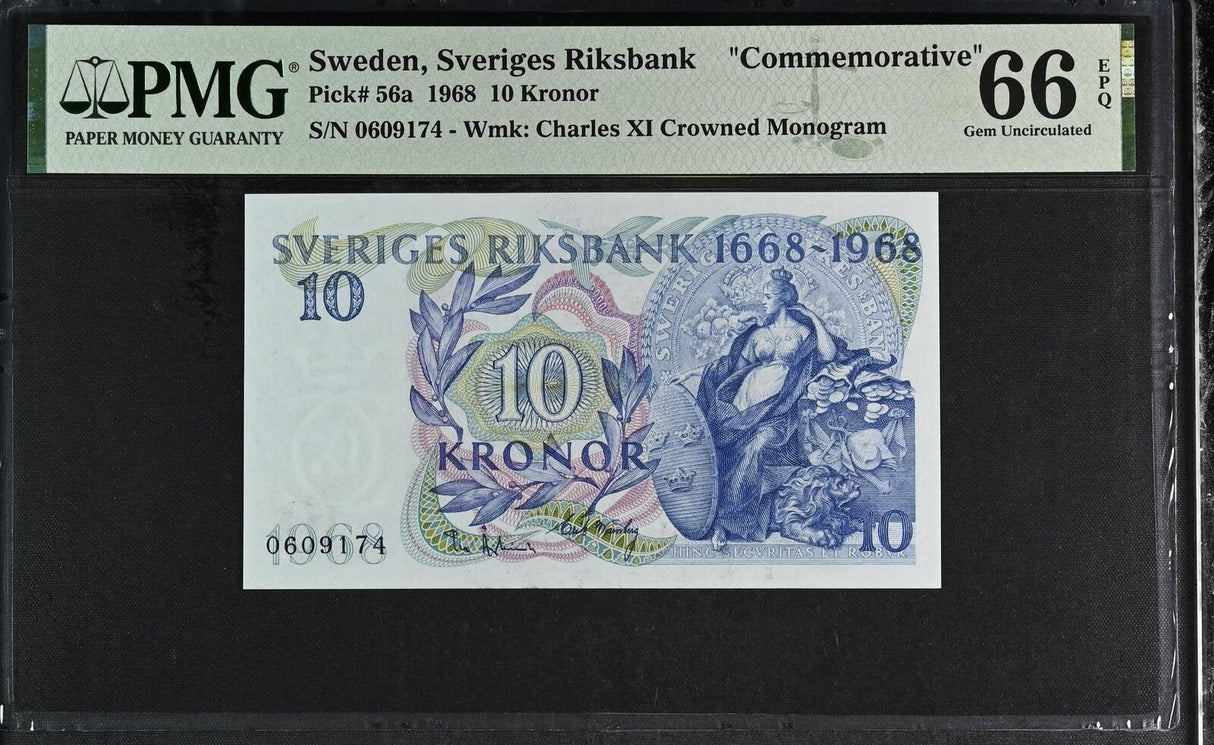 Sweden 10 Kronor 1968 P 56 a Comm. Gem UNC PMG 66 EPQ