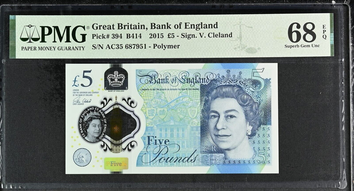Great Britain 5 Pounds 2015 P 394 Polymer Superb Gem UNC PMG 68 EPQ