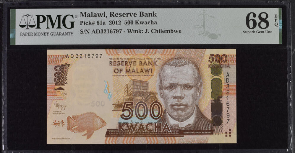 Malawi 500 Kwacha 2012 P 61 a Superb Gem UNC PMG 68 EPQ Top Pop