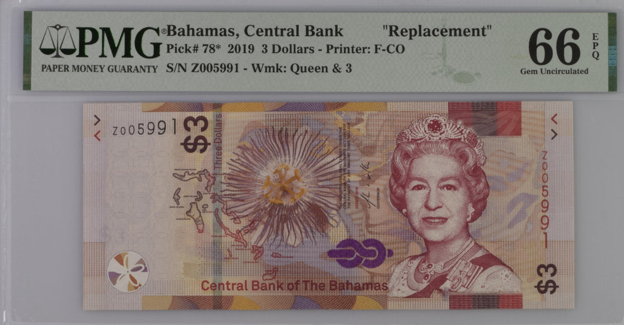 Bahamas 3 Dollars 2019 P 78* Replacement Gem UNC PMG 66 EPQ