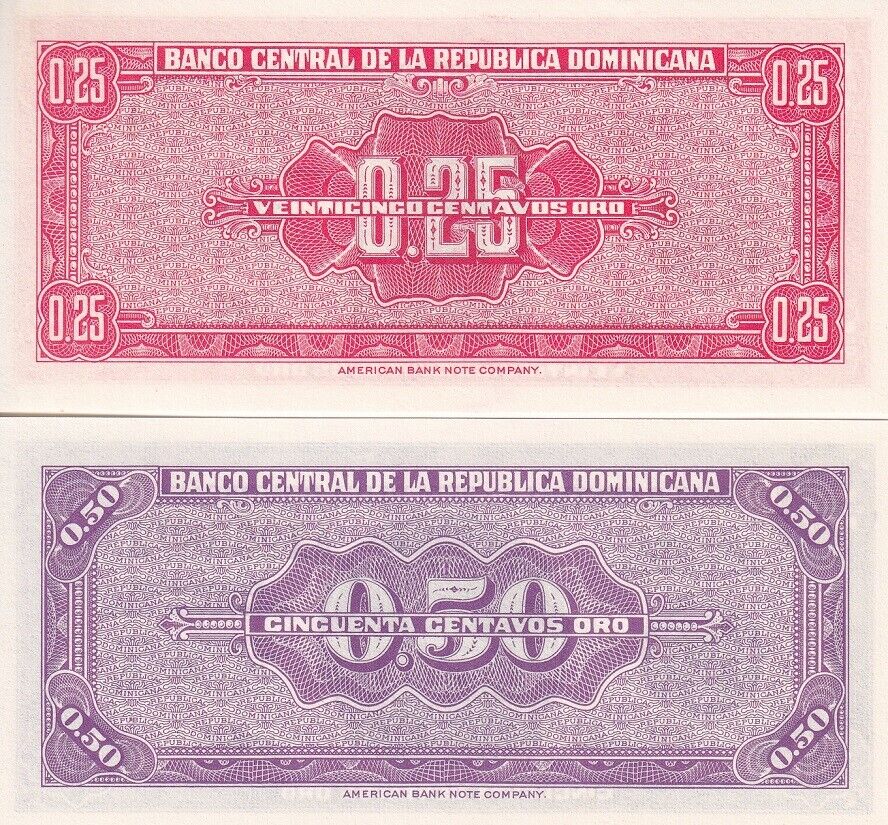 Dominican Republic Set 2 PCS 25 50 Centavos Oro ND 1961 P 87 P 89 UNC