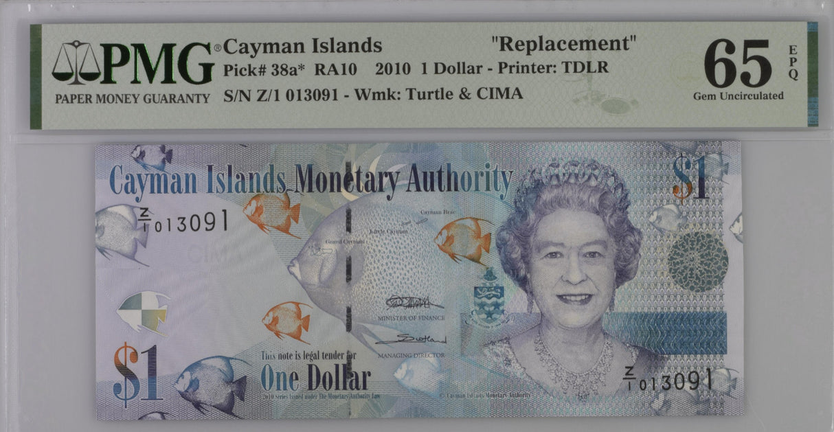 Cayman Islands 1 Dollars 2010 P 38 a* Replacement Gem UNC PMG 65 EPQ