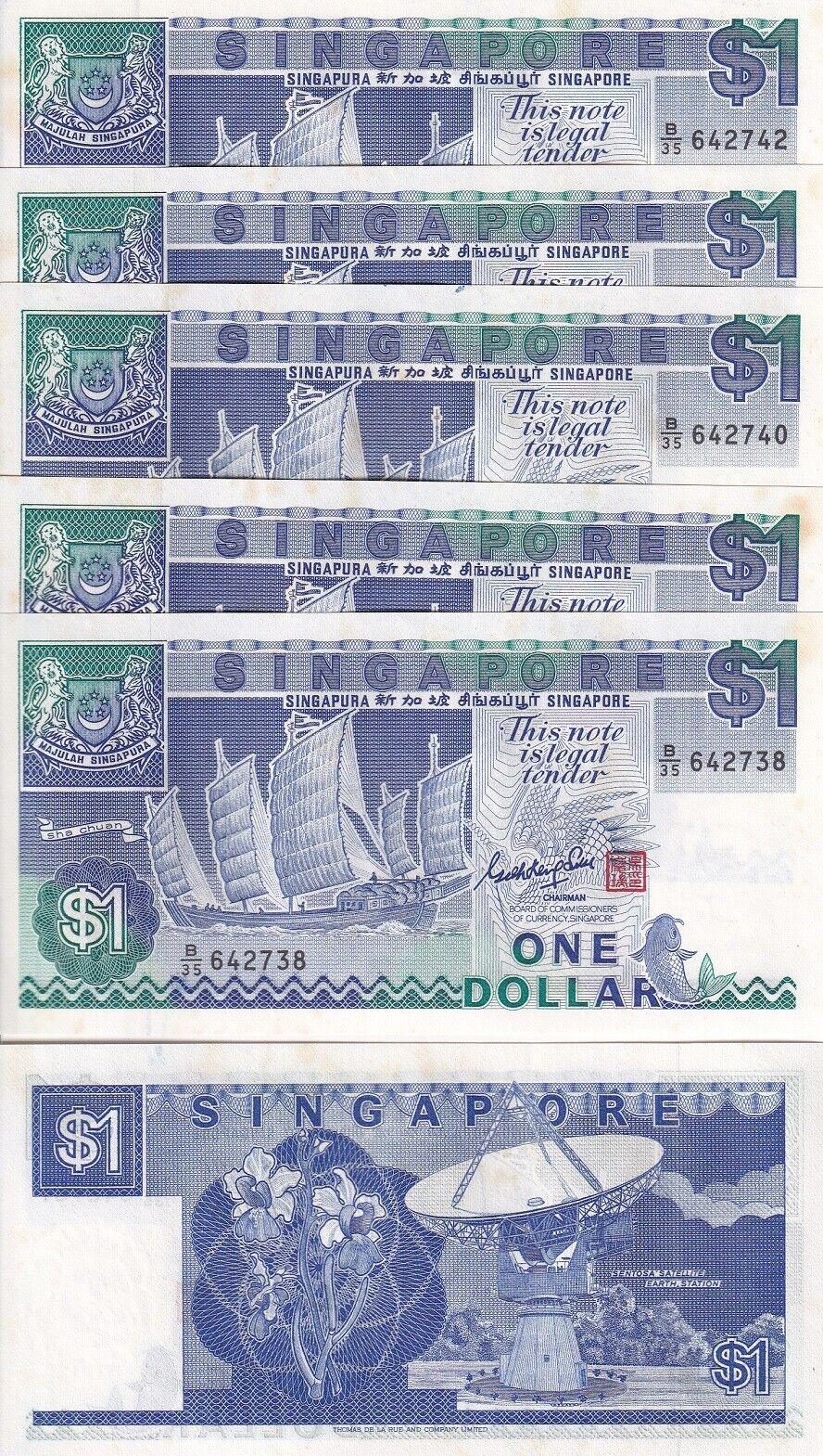 Singapore 1 Dollar 1987 P 18 UNC With Yellow Tone LOT 5 PCS
