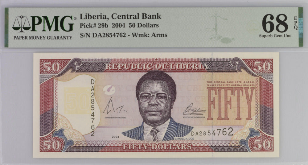 Liberia 50 Dollars 2004 P 29 b Superb Gem UNC PMG 68 EPQ Top Pop
