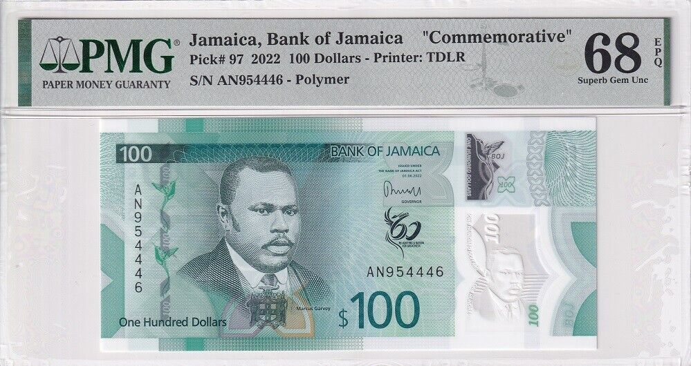 Jamaica 100 Dollars 2022 P 97 Comm. Superb Gem UNC PMG 68 EPQ