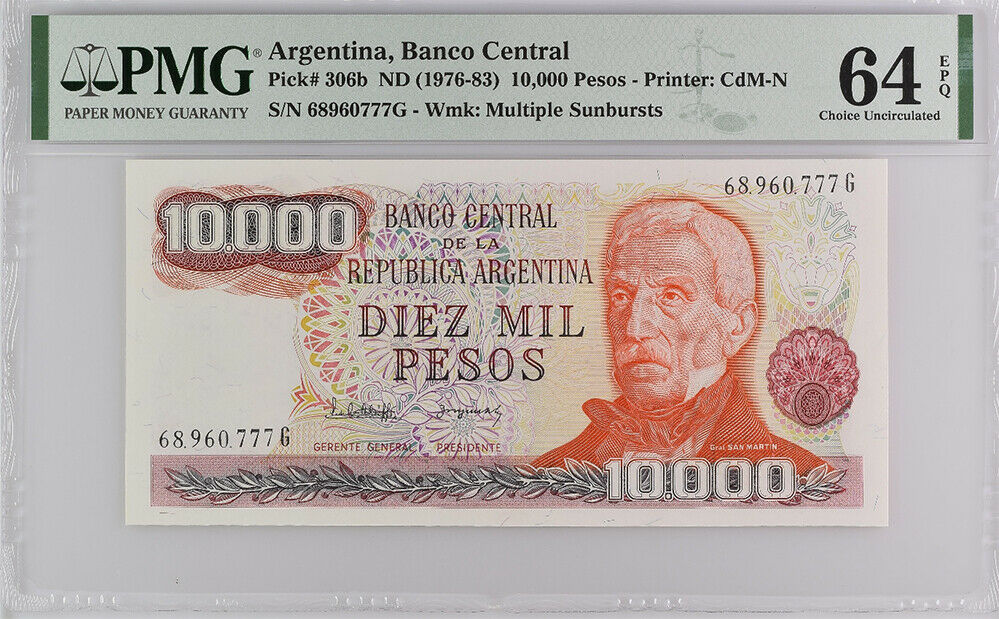 Argentina 10000 Pesos ND 1976-83 P 306 b Choice UNC PMG 64 EPQ