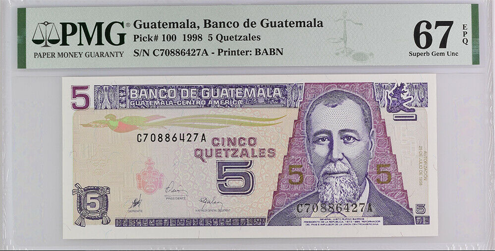 Guatemala 5 Quetzales 1998 P 100 Superb Gem UNC PMG 67 EPQ Top