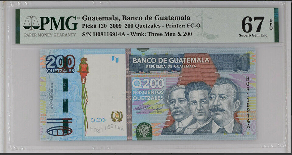 Guatemala 200 Quetzales 2009 P 120 Superb Gem UNC PMG 67 EPQ
