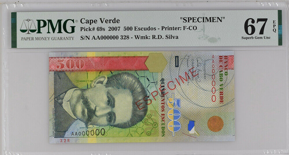Cape Verde 500 Escudos 2007 P 69 Specimen Superb Gem UNC PMG 67 EPQ Top Pop