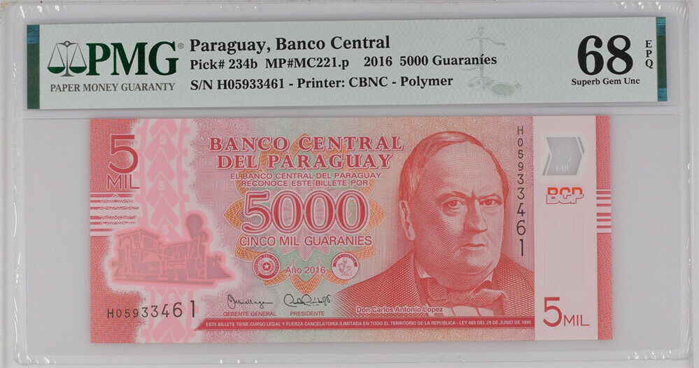 Paraguay 5000 Guaranies 2016 Polymer P 234 b Superb Gem UNC PMG 68 EPQ Top Pop