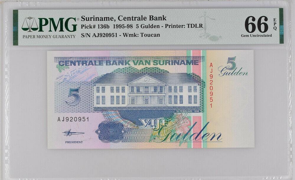 Suriname 5 Gulden 1996 P 136 b Gem UNC PMG 66 EPQ