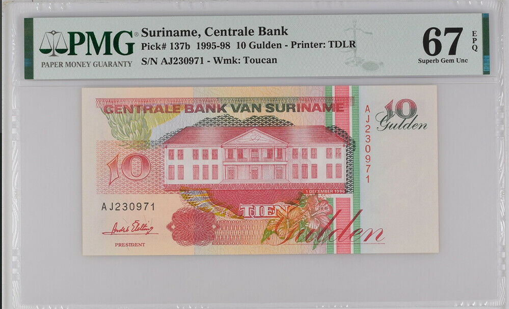 Suriname 10 Gulden 1995-1998 P 137 b Superb Gem UNC PMG 67 EPQ