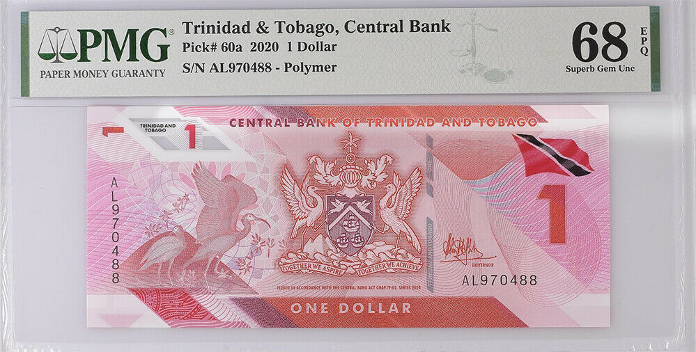 Trinidad & Tobago 1 Dollars 2020 P 60 a BK prefix Superb Gem UNC PMG 68 EPQ